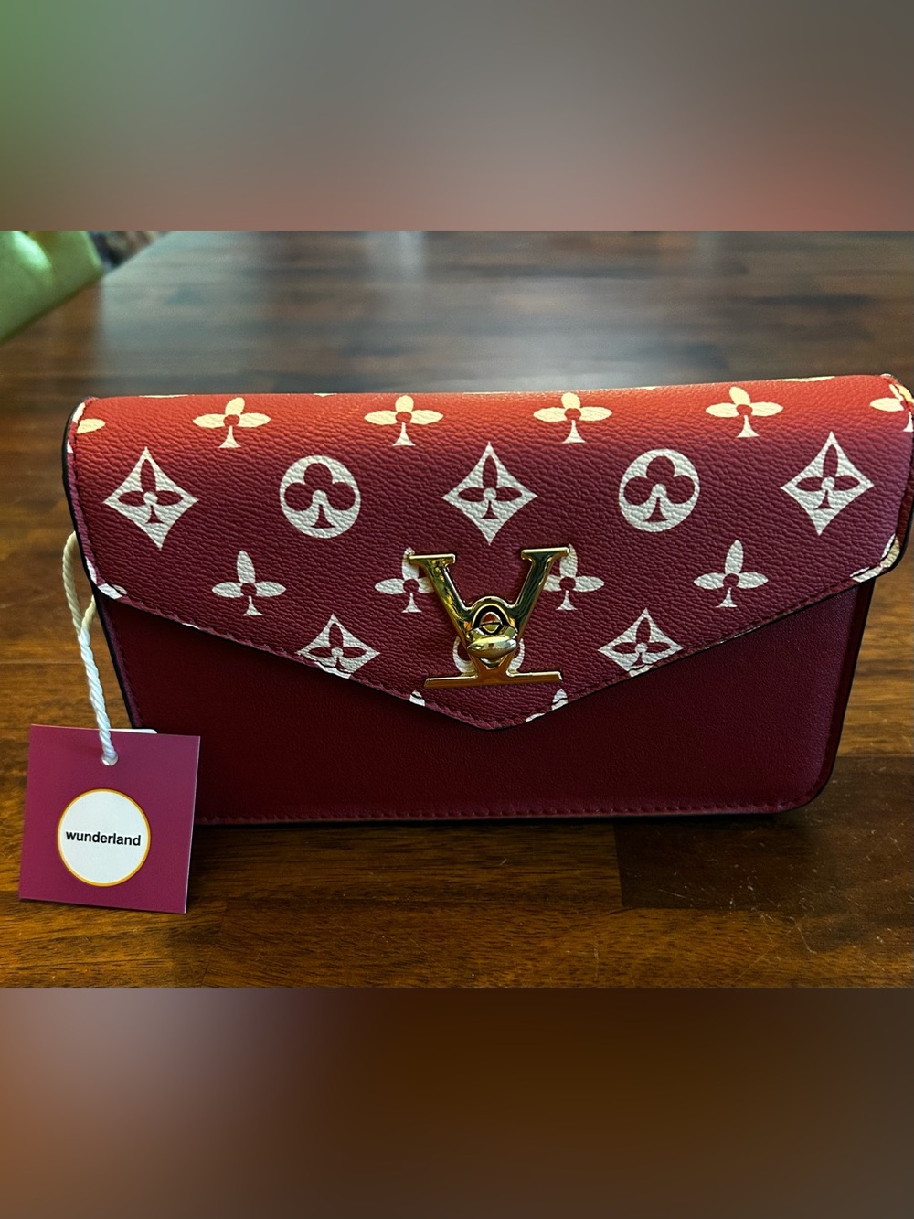 Fashion Red & Cream Monogram Envelope Clutch w/Gold Hardware, Turnlock & Chain